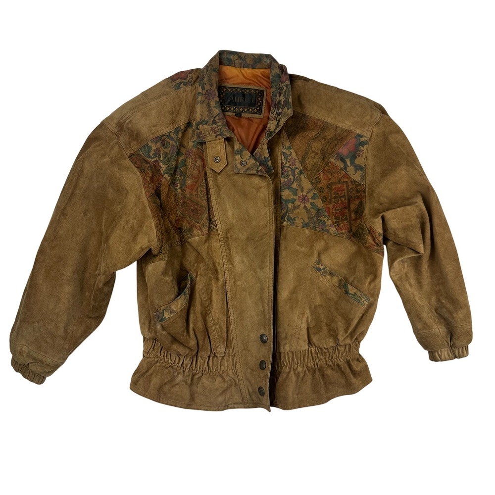Laurice Vintage Brown Suede‎ Leather Tapestry Patchwork Bomber Jacket Large